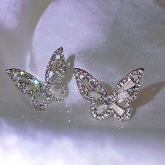 SILVER BUTTERFLY CUBIC ZIRCONIA STUD EARRINGS - Picture 1 of 5